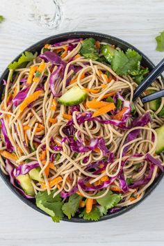 Soba noodles with purple cabbage, shredded carrots, cucumber, parsley, and cilantro in a bowl with a large spoon. Creamy Zucchini Pasta, Miso Salad Dressing, Healthy Quick Meals, Creamy Zucchini, Soba Noodle Salad, Mayo Dressing