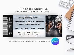 an event ticket with hockey players on it and the words printable surprise sporting event ticket