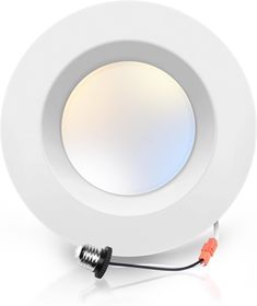 a white round light with an orange cord attached to it's side and the back end