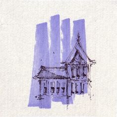 an ink drawing of a building on paper