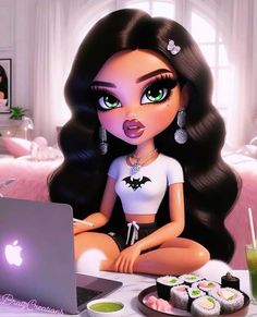 a doll sitting on a table with sushi in front of her and an apple laptop