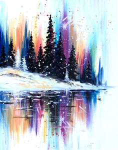 an abstract painting of trees and snow on a lake with bright colors in the background