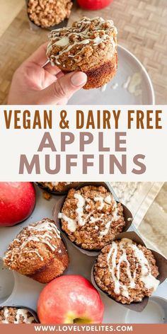 vegan and dairy - free apple muffins with cinnamon glaze on top