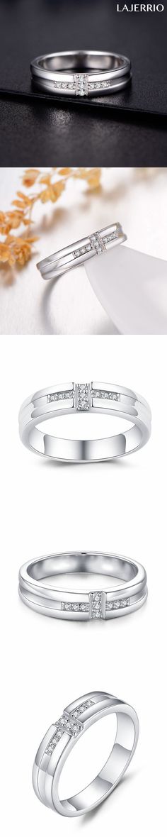 three different types of wedding rings with diamonds on top and bottom, one in white gold