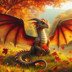 a dragon sitting on top of a lush green field next to autumn leaves and trees