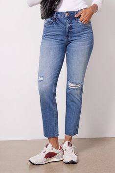 Crafted in soft stretch denim, these easy-to-love jeans by Kut From The Kloth feature a straight leg silhouette with a flattering high rise, distressed details, and raw hems. You'll be wearing them on repeat with tees, blouses, and button-downs. | KUT FROM THE KLOTH Women's Rachael Straight Leg Jeans, Blue Autumn Fashion Work, Fall Closet, Fall Jeans, Love Jeans, Fashion 101, Short Waist, Easy To Love, On Repeat, Tee Dress