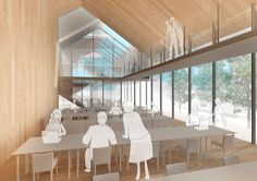 an artist's rendering of a classroom with wooden walls and glass windows that are open to the outside