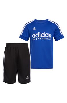 Bright 3-Stripes bring big adidas energy to a T-shirt and coordinating mesh shorts perfect for kids who like to play and win in comfort. Includes T-shirt and shorts 100% polyester Machine wash, tumble dry Imported