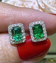 Experience the dazzling beauty of our 1.36ct tw green emerald diamond halo stud earrings. Featuring a stunning emerald-cut diamond surrounded by a sparkling halo setting, these earrings are the perfect combination of elegance and sophistication. Add a touch of luxury to any outfit and turn heads with these exquisite earrings. Metal: 18K White GoldDiamond Weight (36): 0.29ct t.w.Emerald-cut Weight (2): 1.07ct twEarring Dimensions: 7.2mm X 8.8mmBacking: Push Back Necklace Guide, The Dazzling, Diamond Initial Necklace, Halo Stud Earrings, Jewelry Appraisal, Bridal Engagement Rings, Halo Earrings Studs, Halo Setting, Earrings Metal