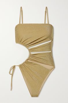 Cult Gaia's 'Allegra' swimsuit is made from stretch fabric flecked with gold threads that shimmer beautifully in the sun. It has skin-baring cutouts through the bodice and side that can be adjusted easily with a cinch of the ties. The neckline is gummed, so you can remove the slim straps and feel confident it'll stay comfortably in place. Gold Swimsuit, Metallic Swimsuit, Summer Lookbook, Cult Gaia, Gold Threads, Denim Design, Alice Olivia, Beach Style, Designer Outfits Woman