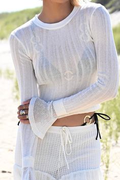 Cina Long Sleeve — Ivory Sheer Knit, Knit Texture, Ruffle Pants, Swim Sets, Neck Ruffle, Casual Sets, Waist Pants, Set Dress, New Product