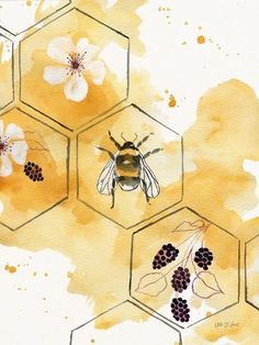 bees and flowers on honeycombs painted in watercolor