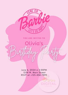 a pink birthday party flyer with a silhouette of a woman's head and the words barbie