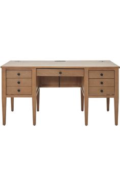 a wooden desk with three drawers on it