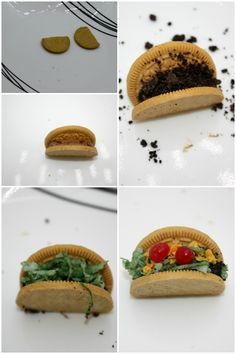 four pictures showing different stages of making a sandwich with dirt on top and lettuce in the middle