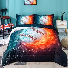 a baseball themed bed in a bedroom with blue walls