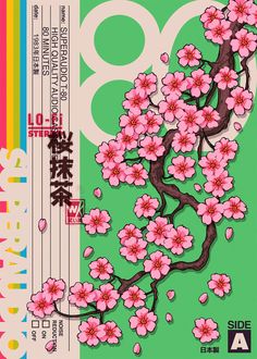 an advertisement with pink flowers on green background