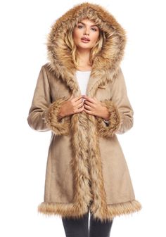 Latte Faux Suede & Faux Fur Alpine Hooded Coat Fall Faux Fur Trim Hooded Jacket, Brown Hooded Outerwear With Faux Fur Trim, Fall Cold Weather Fur Coat With Double-lined Hood, Fall Double-lined Hood Fur Coat For Cold Weather, Fall Fur Coat With Double-lined Hood For Cold Weather, Hooded Fur Coat With Double-lined Hood For Cold Weather, Hooded Faux Fur Fall Parka, Fall Faux Fur Coat With Detachable Hood, Hooded Faux Fur Parka For Fall