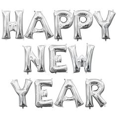 the words happy new year are made out of silver foil balloon type letters on a white background