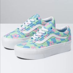 Old Skool Stacked Checkerboard Floral Blue Low Top, 1.5" Platform Design. Size: Never Worn - Please See Photos For Any Wear Platform Shoes From Vans. Blue And Mint Green Checkerboard With Pink Floral Pattern On Upper. Canvas Upper. Lightly Padded Tongue And Leather Lined Collar. White Leather Side Stripe Logos. Metal Eyelets. Cushioned Footbed For Comfort. Vans Signature Waffle-Tread Rubber Outsole For Grip. Vulcanized Shoe Construction. Vans Rubber Logo On Back Heel. Vans Teal Checkered, Painted Vans Slip On, Vans Shoes Old Skool, Pink Shoes Outfit, Blue Platform Shoes, Van Shoes, Shoe Painting, Cute Vans, Painted Vans