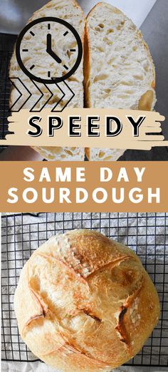 Same day sourdough bread cut in half to show the crumb and same day sourdough bread on a cooling rack. Same Day Sourdough Bread, Same Day Sourdough, Spelt Bread Recipe, Homemade Sourdough Bread Recipes, Easy Sourdough Bread Recipe, Spelt Bread