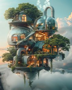 a house in the clouds with trees growing out of it