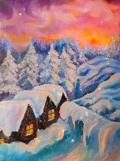 a painting of snow covered houses with trees in the background at sunset or sunrise time