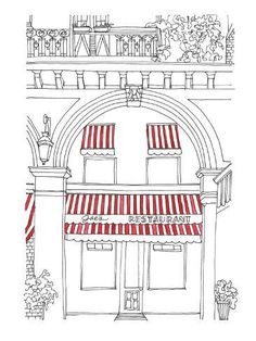 a drawing of a building with red and white awnings on the front door