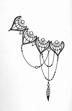 a black and white drawing of an elaborate necklace with feathers on it's side