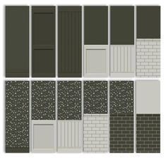 a series of photoshopped images with brick walls and doors in various shades of grey