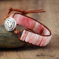 Rosamie Pink Opal Stone Handmade Natural Stone Bohemian Leather Bracelet