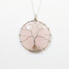 Rose Quartz Tree of Life Necklace / January Birthstone / Pink Gemstone / Silver Wire Wrap Pendant / Pink Rose Quartz Wire-wrapped Necklace, Pink Rose Quartz Wire Wrapped Necklace, Adjustable Rose Quartz Rose-colored Jewelry, Adjustable Rose Quartz Jewelry In Rose Color, Rose Gold Wire Wrapped Necklace, Pink Rose Quartz Crystal Necklace, Pink Rose Quartz Round Necklaces, Handmade Rose-colored Round Jewelry, January Birthstone Necklace