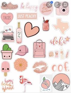 pink stickers with different types of items on them and the words just peachy