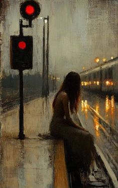 a painting of a woman sitting on a rail road platform next to a red traffic light