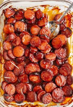 Overhead picture of the pan Diced Sausage Recipes, Pioneer Woman Bbq Peach Smoked Sausage, Kielbasa Grape Jelly Bbq Sauce, Sausage And Bbq Sauce Crock Pot, Sausage In Bbq Sauce Crock Pot, Bbq Smoked Sausage In Oven, Bbq Keilbasa Recipes Crockpot, Slow Cooker Bbq Sausage, Baked Bbq Sausages In Oven