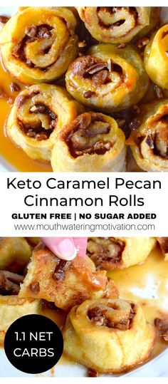 keto caramel pecan cinnamon rolls on a white plate with text overlay