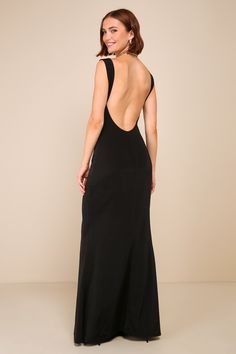 The Lulus Inspiring Glamour Black Backless Column Maxi Dress is a compliment-worthy look that'll effortlessly impress everyone you meet! This figure-flaunting gown has a slinky jersey knit construction that shapes a subtle cowl neckline, slender tank straps, and a sleeveless bodice with an alluring open-back design. The flattering column silhouette continues down to a sweeping maxi hem for the most elegant finish. Fit: This garment fits true to size. Length: Floor length. Size medium measures 52 Black Formal Dress Lulus, Backless Drape Dress, Backless Long Black Dress, Elegant Open Back Dress, Back Of The Dress Ideas, Cute Backless Dress, Prom Open Back Dresses, Backless Mini Dress Classy, Black Full Length Dress