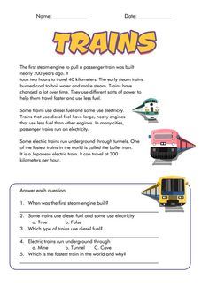 the worksheet for reading trains is shown in this graphic style, with three different types