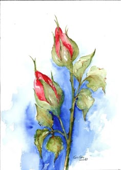 a painting of two red flowers on a blue background