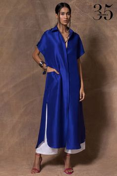 Buy Electric blue mimosa dress with a Moulin shirt -Designer Wear - Ensemble Silk Suit Designs Indian, Blue Mimosa, Modern Indian Fashion, Thick Choker, Royal Blue Shirt, Royal Blue Shirts, Draping Fashion, Blue Silk Dress, Global Dress