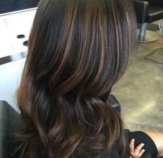 Caramel bayalage on dark brunette base Hair With Dark Highlights, Dark Hair With Dark Highlights, Dimensional Brunette Highlights, Subtle Bayalage, Dark Hair With Caramel, Caramel Bayalage, Bayalage Highlights, Dark Highlights, Brown Straight Hair