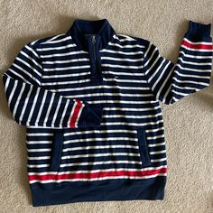 Great Condition, Never Worn! Navy Casual Sweater With Contrast Stripes, Navy Half-zip Casual Sweatshirt, Casual Navy Half-zip Sweatshirt, Casual Blue Sweater With Contrast Stripes, Casual Blue Half-zip Sweater, Casual Cotton Outerwear With Contrast Stripes, Navy Casual Half-zip Outerwear, Long Sleeve Cotton Outerwear With Contrast Stripes, Tommy Hilfiger Cotton Outerwear