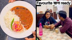 two people sitting at a table with plates of food in front of them and the words favoitette ready