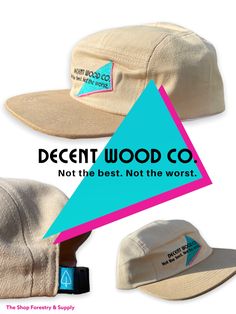 Details: The Decent Wood﻿ Co. Five Panel Hat was created for the most humble guy/gal. We know you kill it when it comes to hard work but lets keep the bragging low and modesty high. Inspired by the retro vibe that has us wanting to wear this five panel long after work hours. Be warned, you will get positively harassed by how awesome your hat is if you wear it out in public. Stay cool & classy with this first addition to our many Decent Wood Co. Apparel collection! Embroidered retro feel logo wit Retro Adjustable Six-panel Dad Hat, Retro Short Brim Snapback Hat For Streetwear, Retro Snapback Hat With Short Brim For Streetwear, Vintage Everyday Short Brim Hat, Vintage Cotton Snapback Hat With Short Brim, Retro Cotton Trucker Hat With Flat Brim, Retro Cotton Six-panel Snapback Hat, Vintage 5-panel Hat For Everyday, Vintage Six-panel Summer Hat