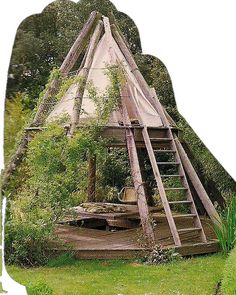 an old wooden structure in the middle of a field with stairs leading up to it