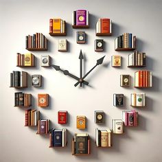 a clock made out of books on the wall