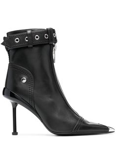 black calf leather high stiletto heel buckle fastening front zip fastening pointed toe silver-tone hardware Alexander Mcqueen Shoes Black, Alexander Mcqueen Boots, Black Alexander Mcqueen, Alexander Mcqueen Shoes, Planet People, Boot Brands, Designer Boots, Heeled Ankle Boots, Black Pumps