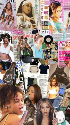 the collage shows many different images of women in various outfits and hair styles, including bras