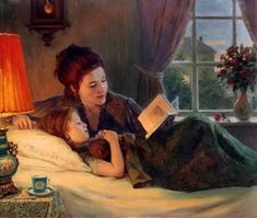 a painting of a woman reading to a child on a bed with a lamp next to her