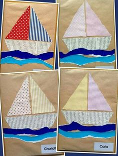 four pictures of sailboats made out of fabric